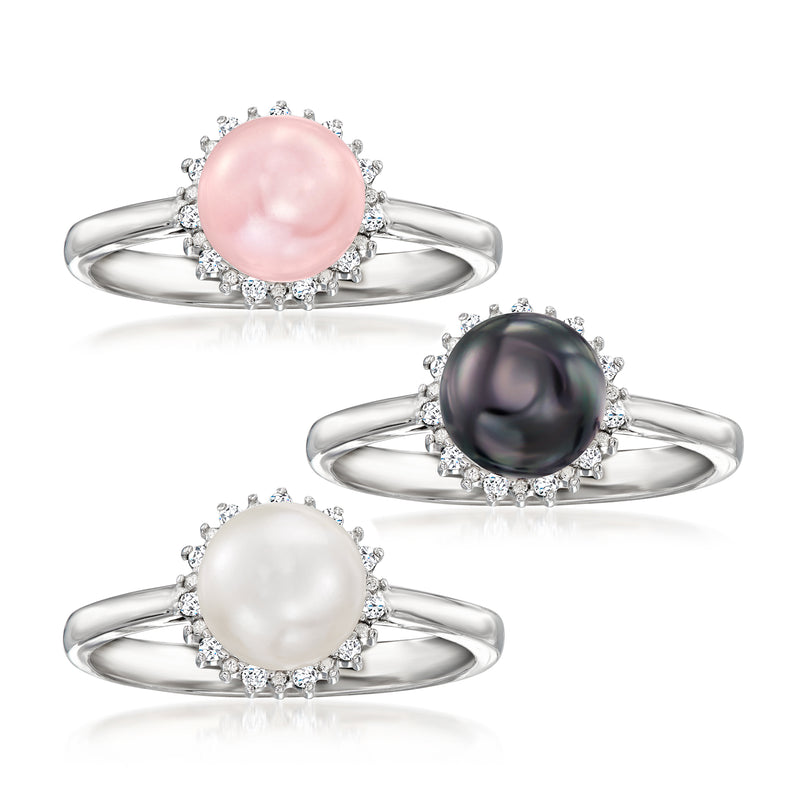 Three-ring set in sterling silver with pink, black, and white round pearls and diamond halos