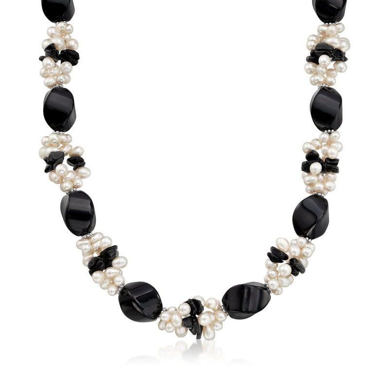 Sterling silver necklace with black onyx beads and cultured pearl cluster accents