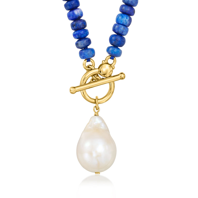 Gold toggle necklace with blue lapis beads and white baroque pearl pendant