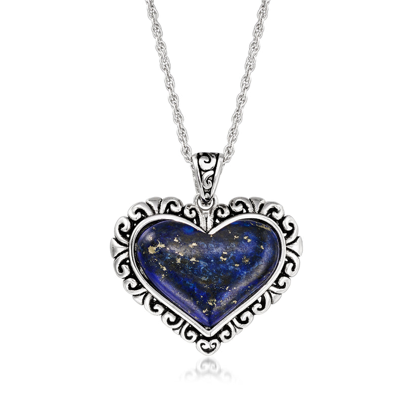 Sterling silver heart pendant necklace with blue lapis in filigree setting