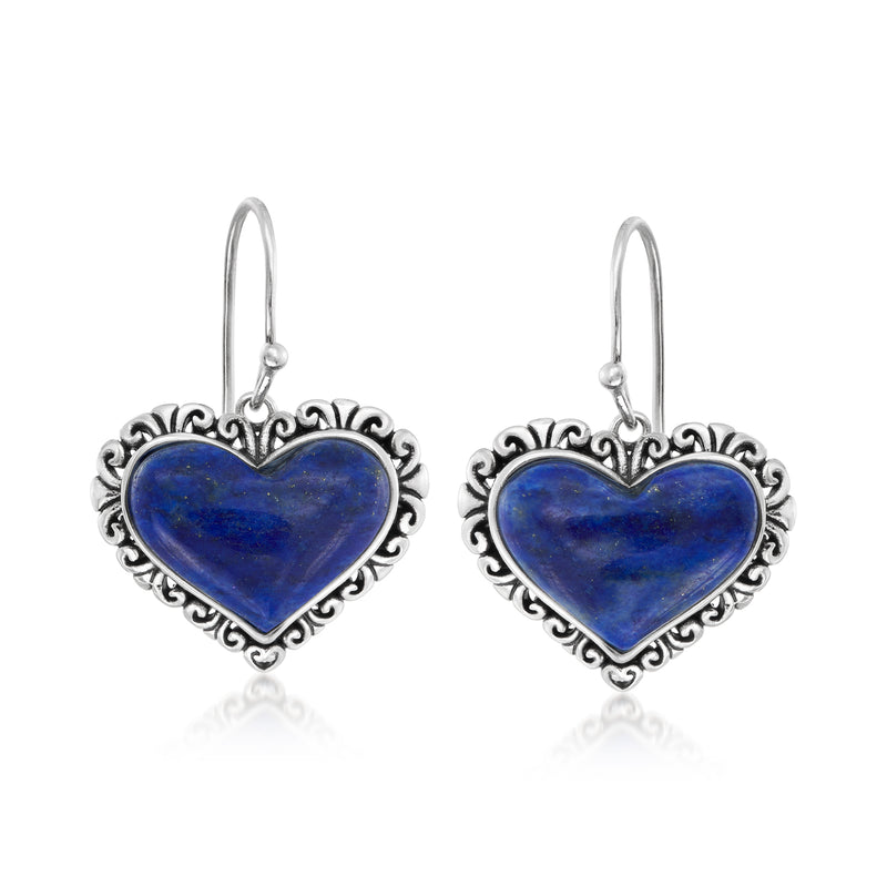 Sterling silver lapis heart drop earrings with ornate filigree bezel and earwire hooks