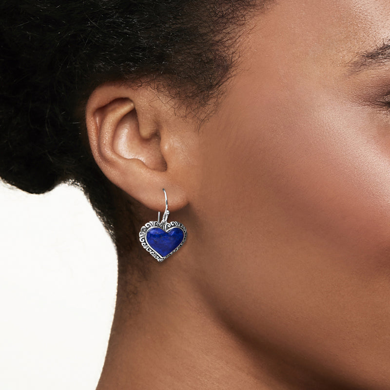 Sterling silver lapis heart drop earring worn with dangling blue heart and earwire