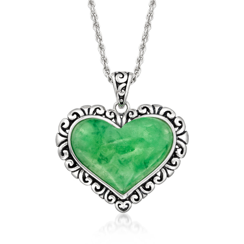 Sterling silver heart pendant necklace with green jade-like cabochon and ornate frame