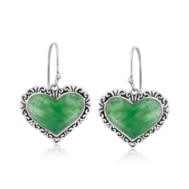 Sterling silver jade heart drop earrings with green heart cabochons and ornate frames