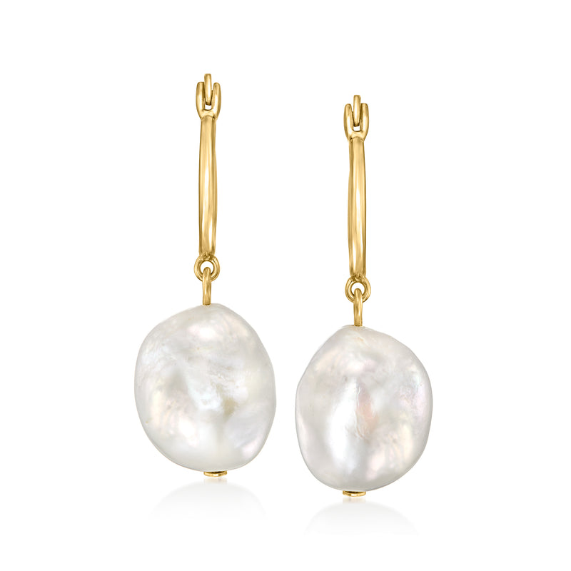 Gold-tone hoop drop earrings with large white cultured pearls
