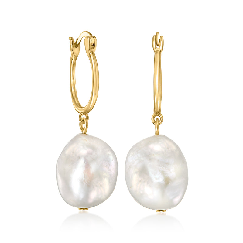 Gold-tone hoop drop earrings with baroque white cultured pearls, side view