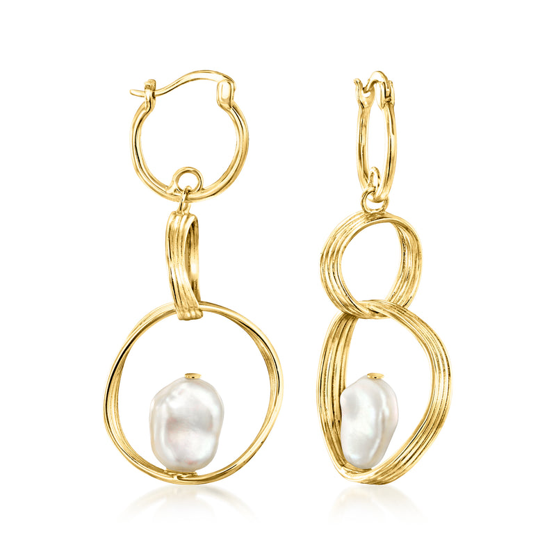 Gold over sterling multi-hoop drop earrings with oval cultured pearl