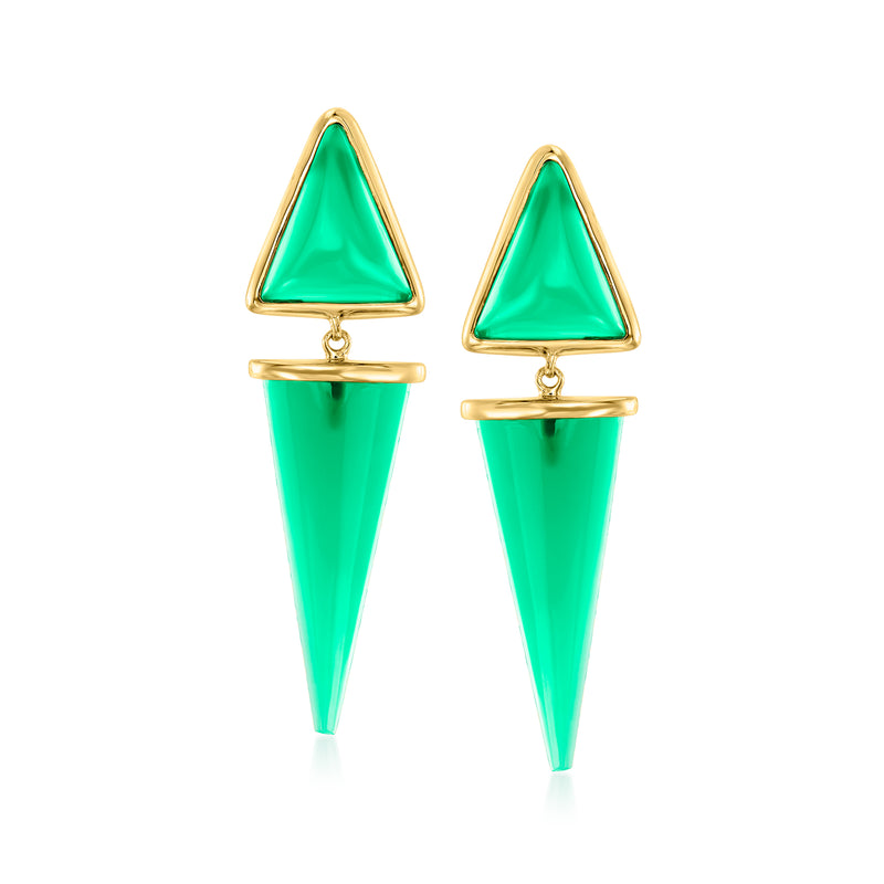 Green chalcedony drop earrings with gold-tone triangular tops and pointed green dangles