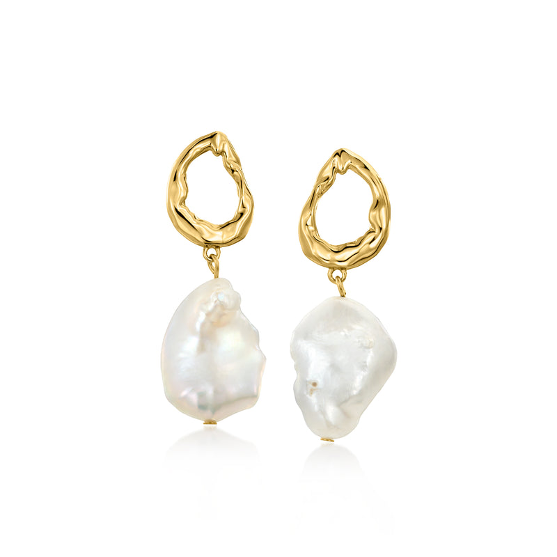 Gold drop earrings with baroque cultured pearls and scalloped hoop tops