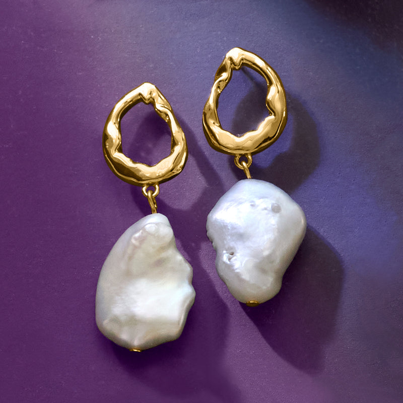 Pair of gold drop earrings with baroque cultured pearl drops and scalloped hoop tops