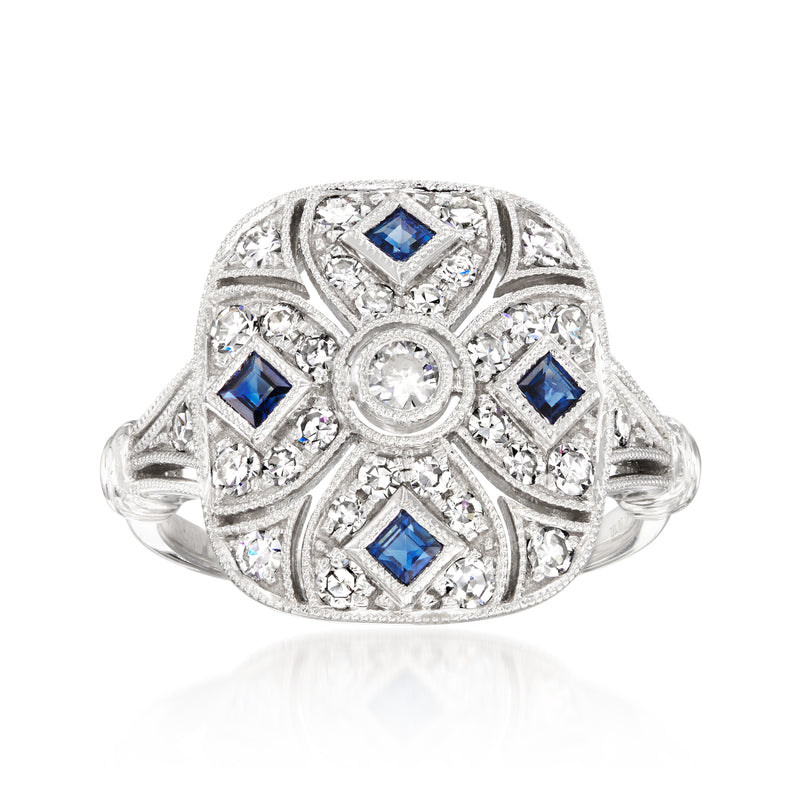 14kt white gold filigree ring with blue square sapphires and clear diamonds