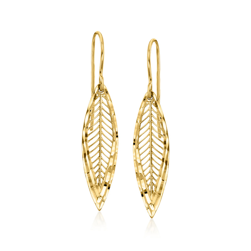 14kt yellow gold leaf cutout drop earrings, oval leaf with etched veins and earwire