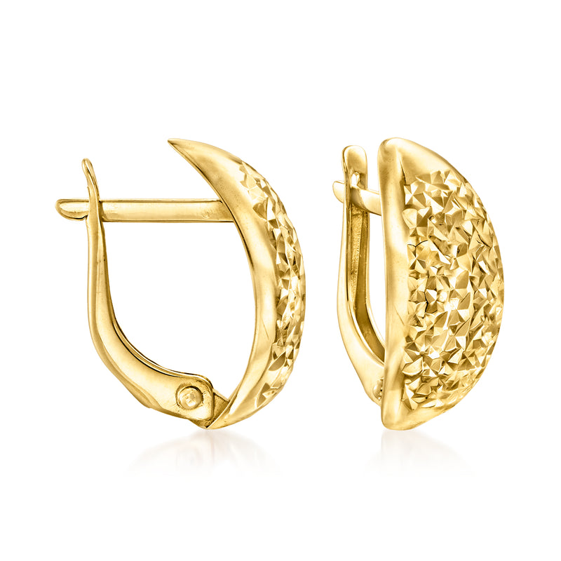 14k yellow gold curved drop earrings with textured curved hoops