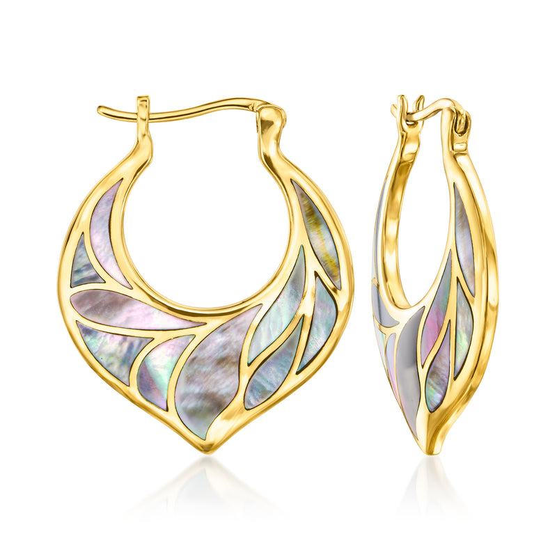 Gold hoop earrings with gray mother-of-pearl inlay