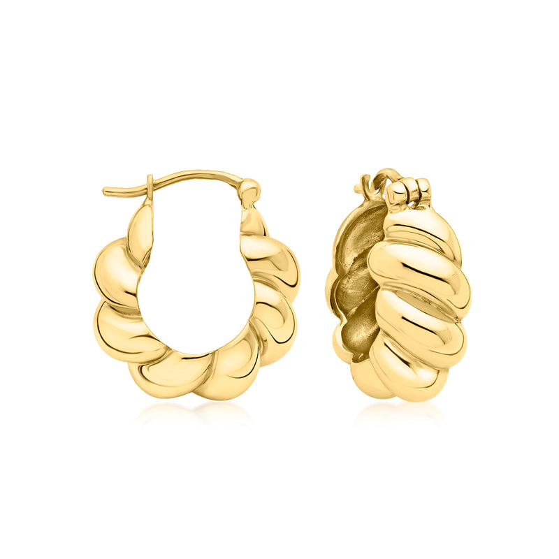 Gold hoop earrings with scalloped shell design, hinged clasp