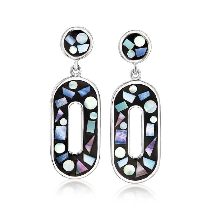 Sterling silver oval drop earrings with iridescent mother-of-pearl inlay and circular detailing