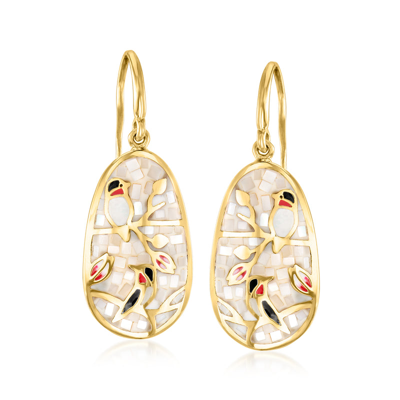 Gold-tone oval bird drop earrings with mother-of-pearl inlays and multicolored enamel
