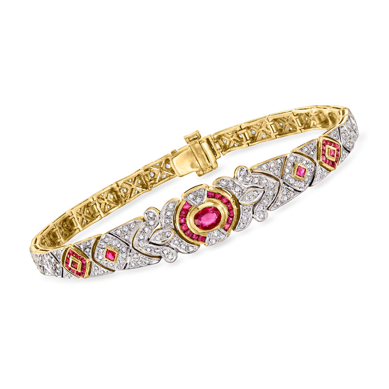 Vintage 14kt yellow gold filigree bracelet with red ruby and diamond accents
