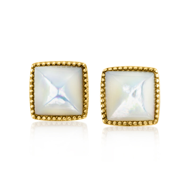 Rectangular mother-of-pearl post earrings with 18kt gold over sterling bezel