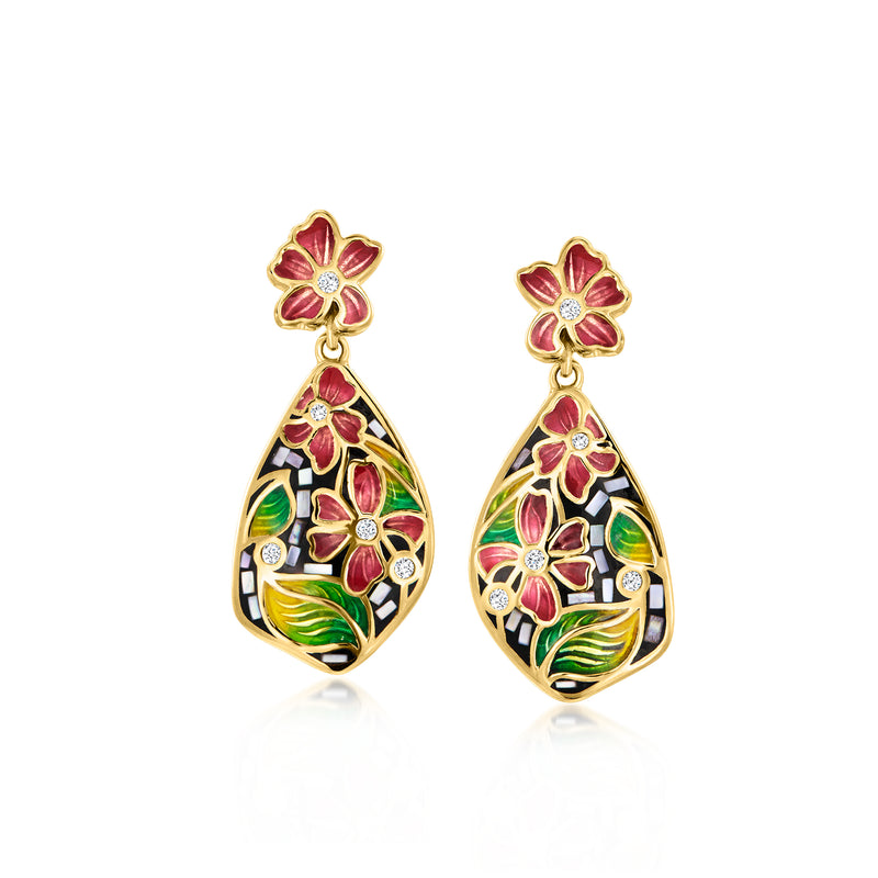 Gold teardrop floral enamel drop earrings with white crystal accents