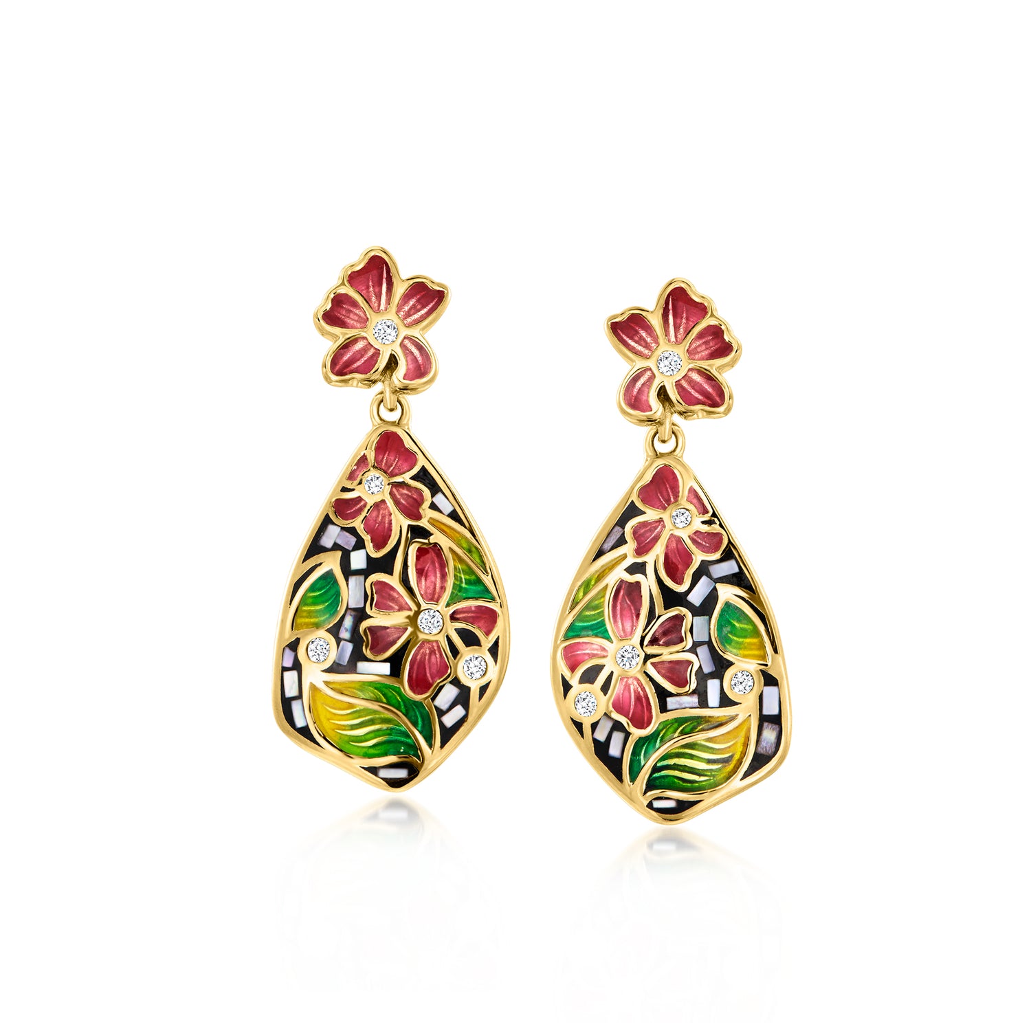 Gray Mother-of-Pearl and Multicolored Enamel Floral Drop Earrings with White Zircons in 18kt Gold Over Sterling