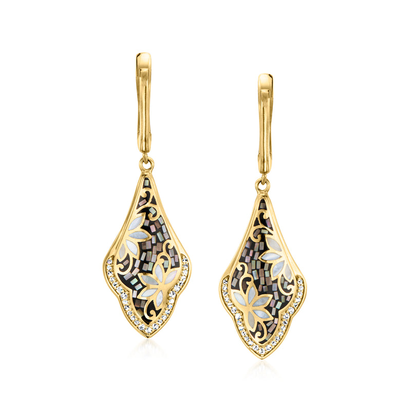 Mother-of-pearl and white zircon drop earrings in 18kt gold over sterling