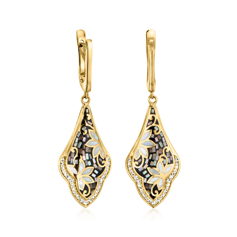 Gold drop earrings with ornate teardrop filigree, mother-of-pearl inlay and zircon accents