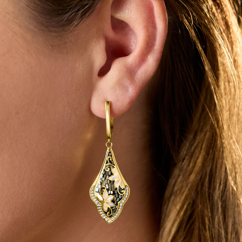 Gold teardrop drop earrings on ear, mother-of-pearl filigree with zircon sparkle border