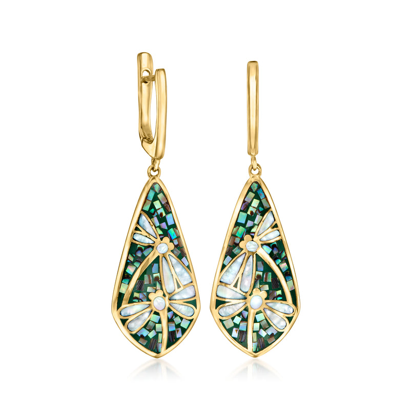 Gold-tone dragonfly mosaic drop earrings with iridescent green-blue in teardrop settings