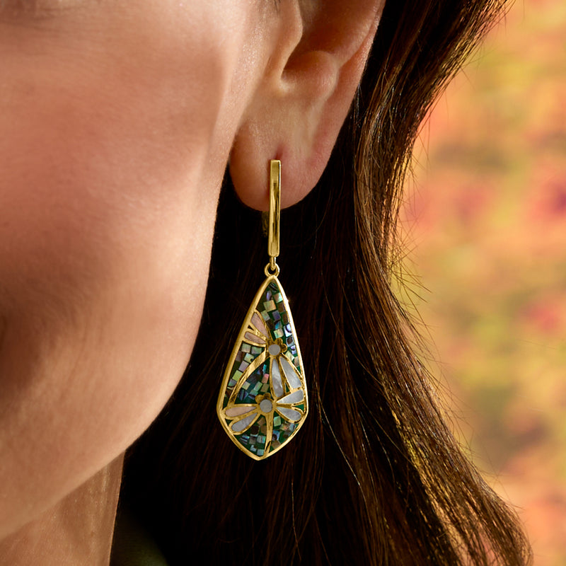 Gold-tone dragonfly mosaic drop earring, teardrop abalone pattern with green-blue iridescence