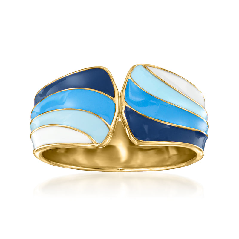 Blue and white enamel ring with gold-tone open wave design, 18kt gold over sterling