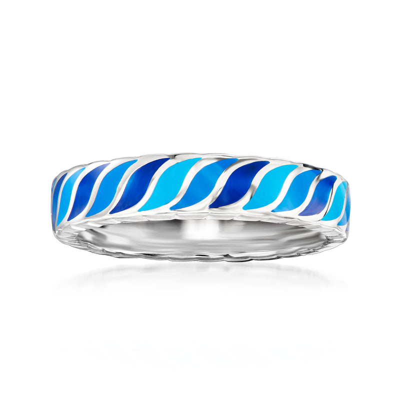 Sterling silver enamel ring with wavy tonal blue striped design