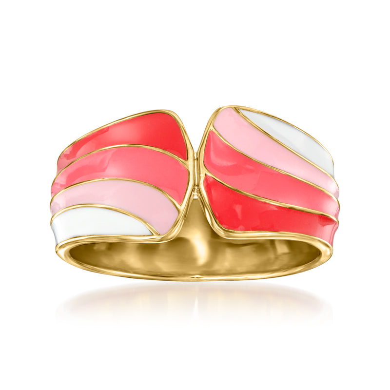 Enamel ring with pink and white layered design on a gold-tone band