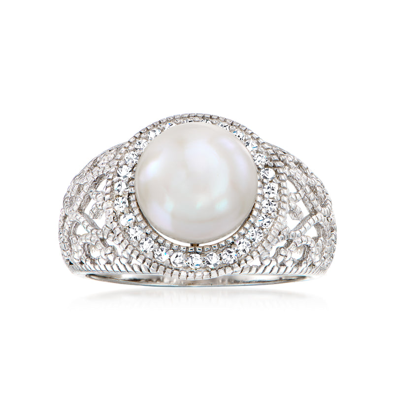 Sterling silver pearl and white topaz ring with a round cultured pearl