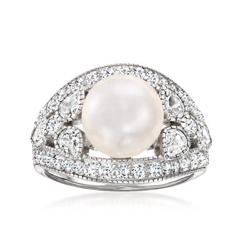 Sterling silver milgrain ring with white pearl center and clear stone halo