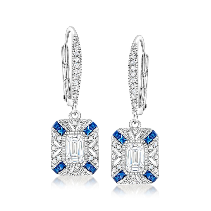 Sterling silver leverback drop earrings with blue simulated sapphire and clear CZ accents