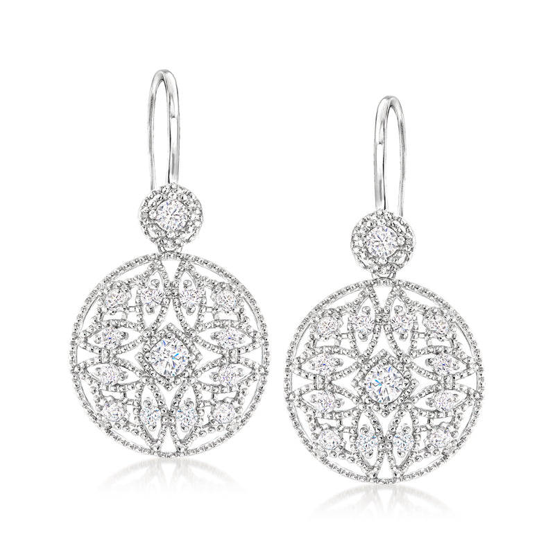 Sterling silver openwork round CZ drop earrings with earwire hooks