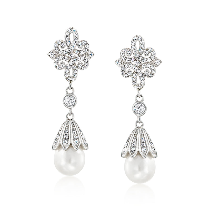 Sterling silver cultured pearl and white topaz drop earrings