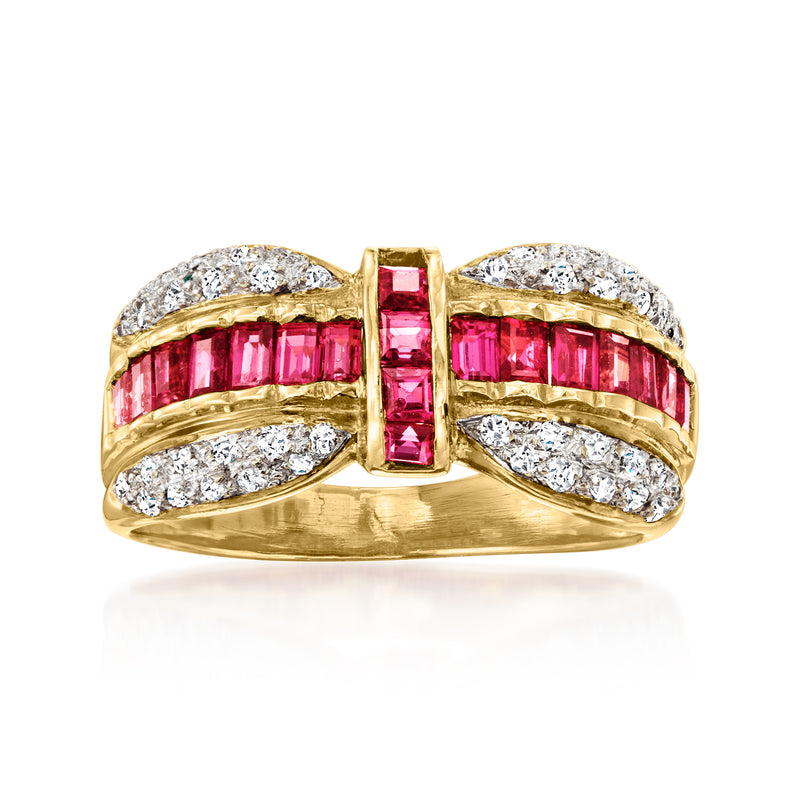 18k yellow gold ring with central baguette ruby and diamond accents, prong setting