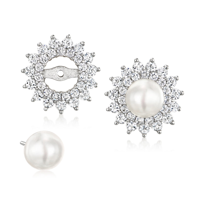 Sterling silver cultured pearl post earrings with white topaz halo jackets