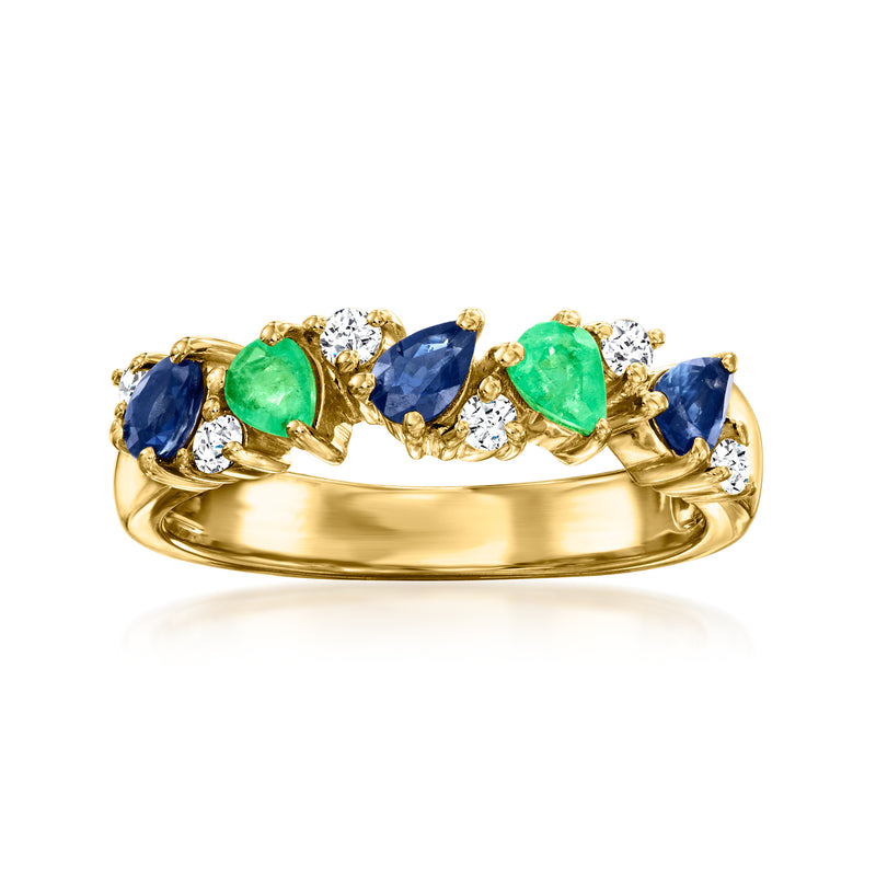 Gold over sterling ring with blue sapphire, green emerald, and white topaz stones