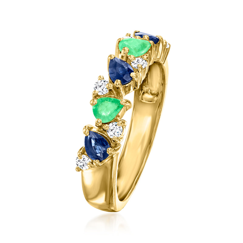 Gold-tone sapphire and emerald ring with white topaz, raised side setting