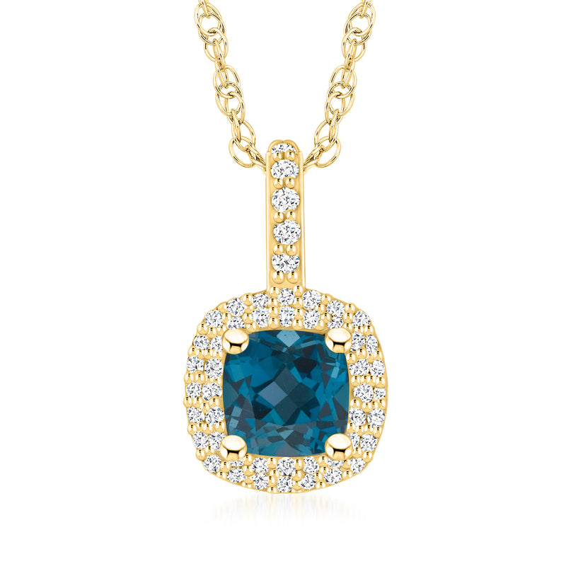 14kt yellow gold pendant necklace with london blue topaz and diamond halo