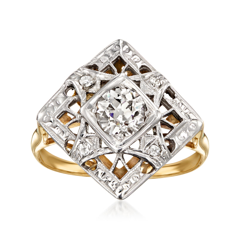 Two-tone 14kt gold square filigree ring with round diamond center stone