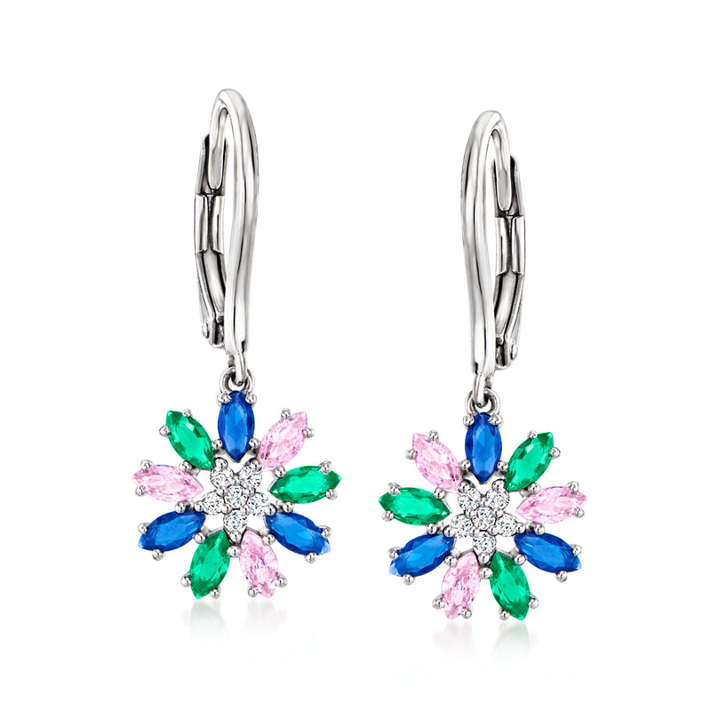 Sterling silver flower drop earrings with leverback, multicolor stones and CZ center