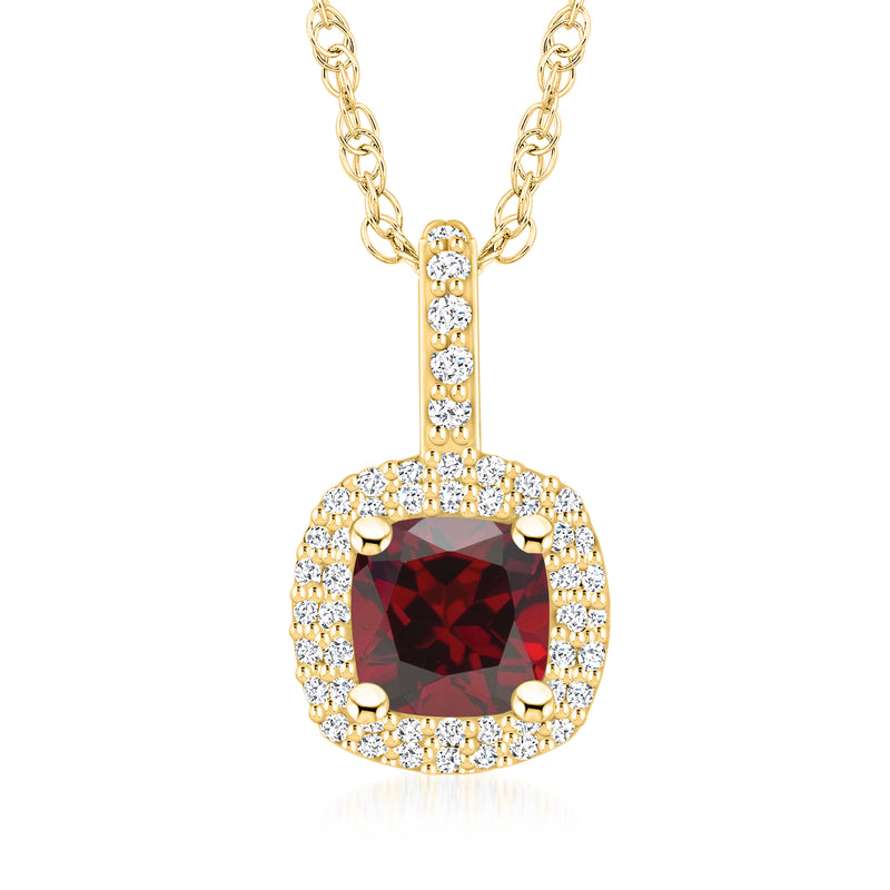 14kt yellow gold garnet pendant necklace with diamond halo
