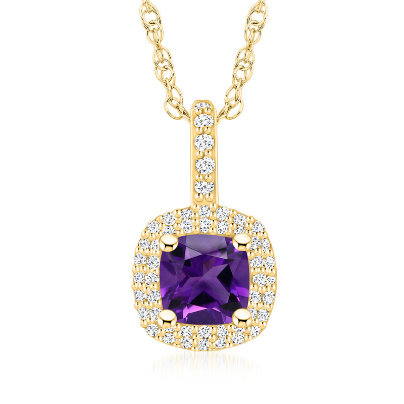 14kt yellow gold pendant necklace with round amethyst center and diamond halo