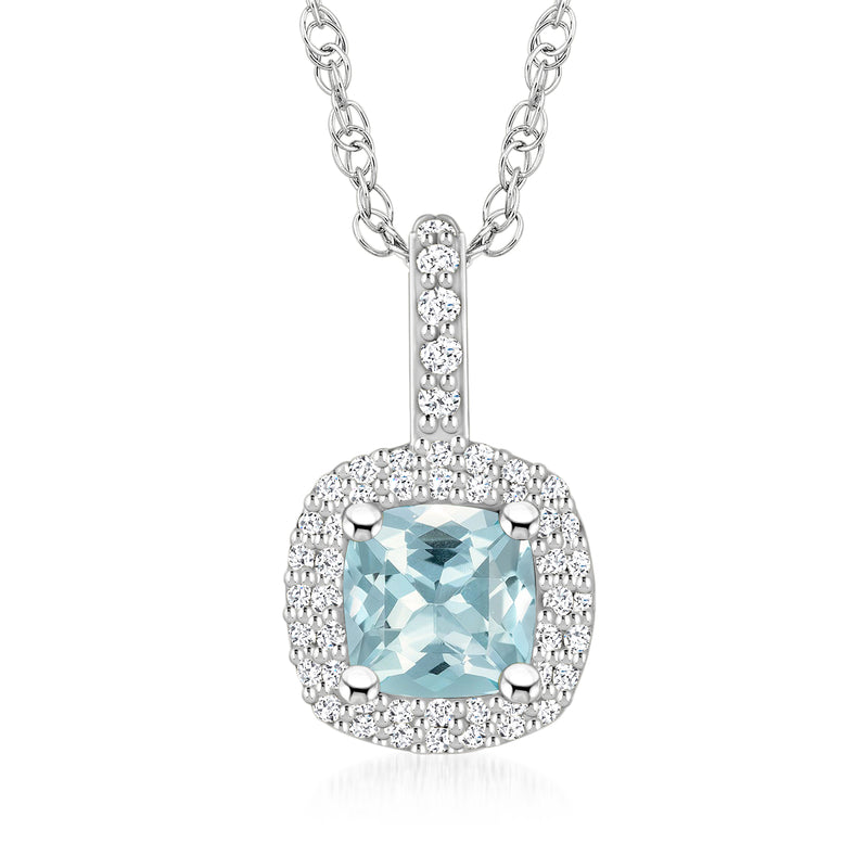 14kt white gold pendant necklace with oval aquamarine center and diamond halo