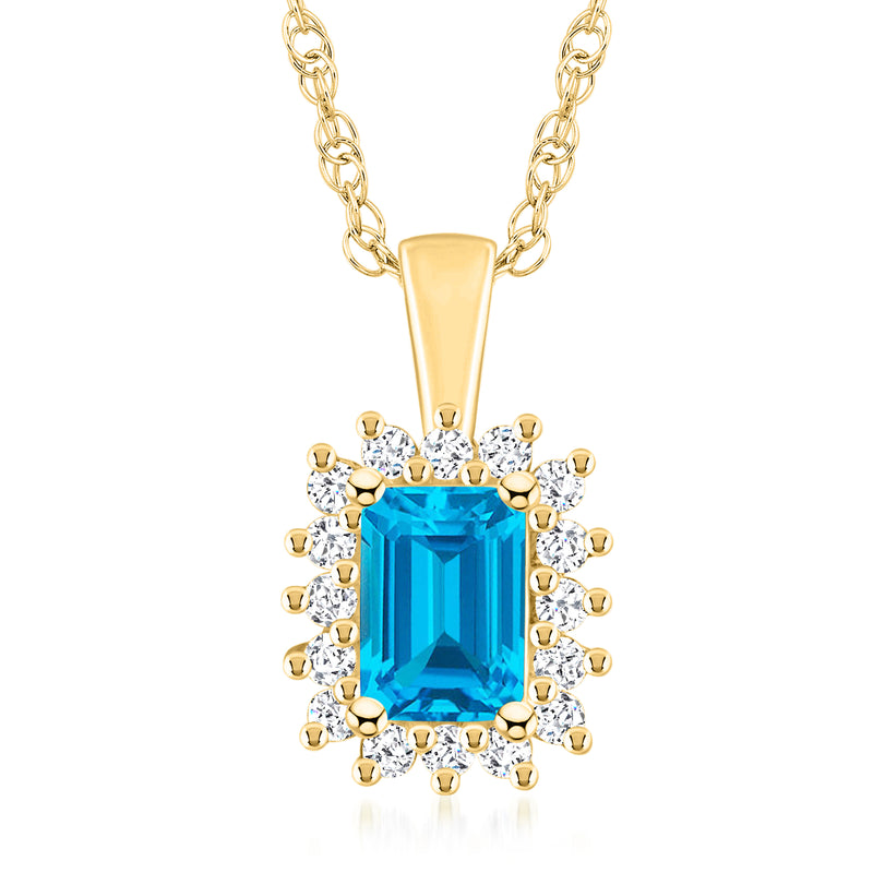 14kt yellow gold pendant necklace with blue topaz and diamond halo, gold chain