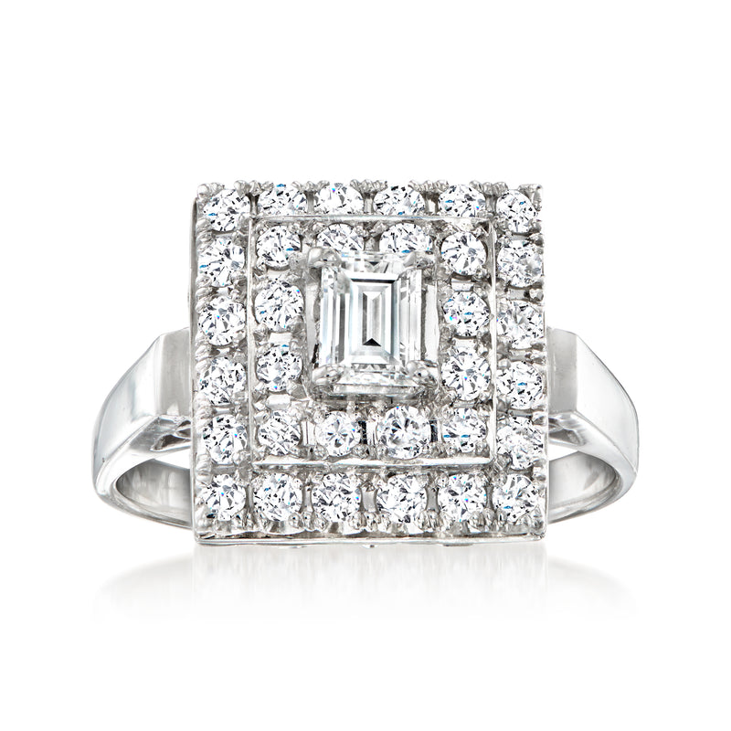 Platinum diamond square cluster ring with rectangular center stone and halo, size 7